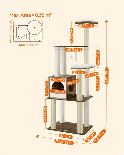 Feandrea Woodywonders Cat Tree, 65-Inch Modern Cat Tower for Indoor Cats, Multi-Level Cat Condo with 5 Scratching Posts, Perch, Washable Removable Cushions, Cat Furniture, Rustic Brown UPCT166X01