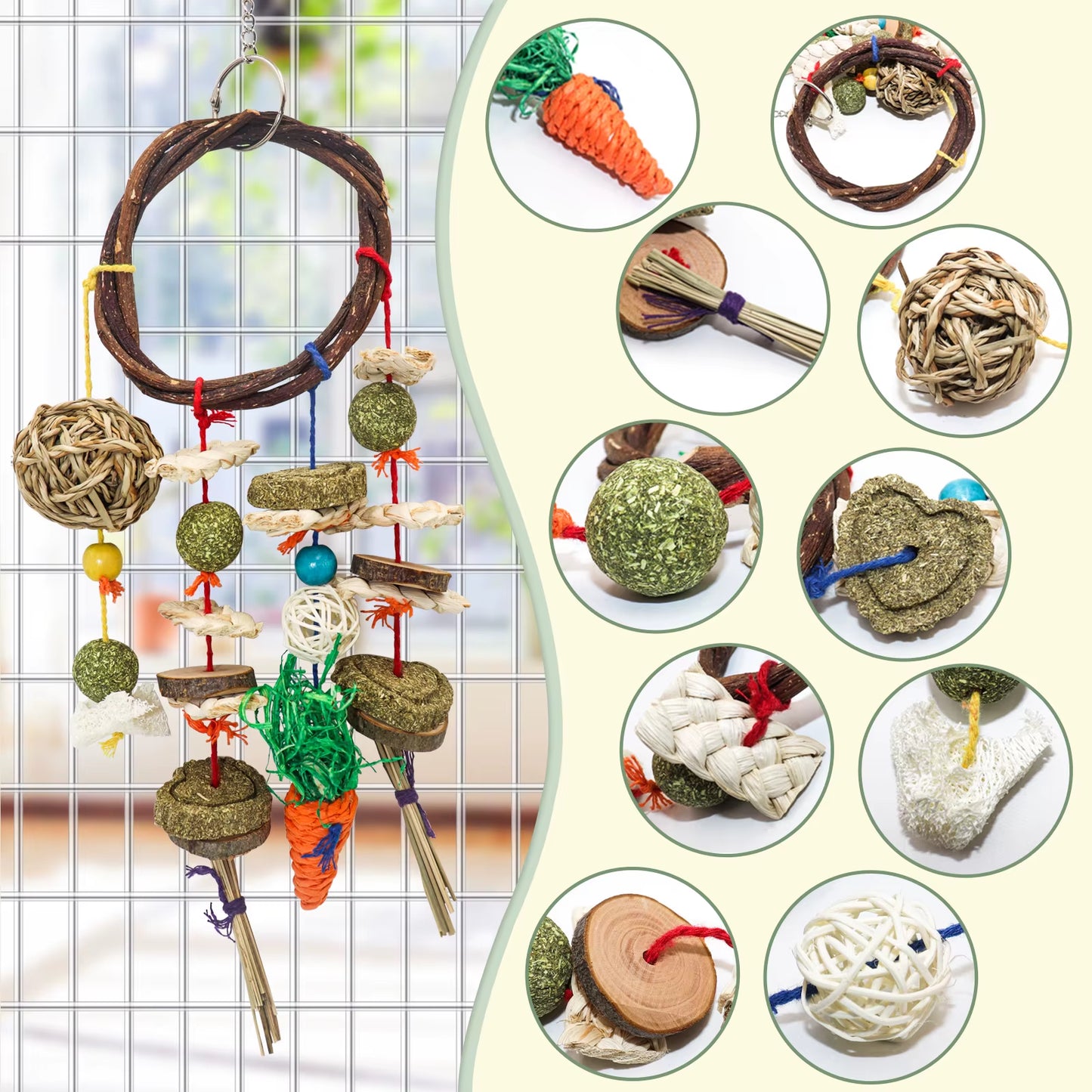 Rabbit Chew Toy Rabbits Cage Hanging Toys Rattan Ring Treats Grinding Teeth for Small Animals Guinea Pigs Hamsters Rabbits Rats