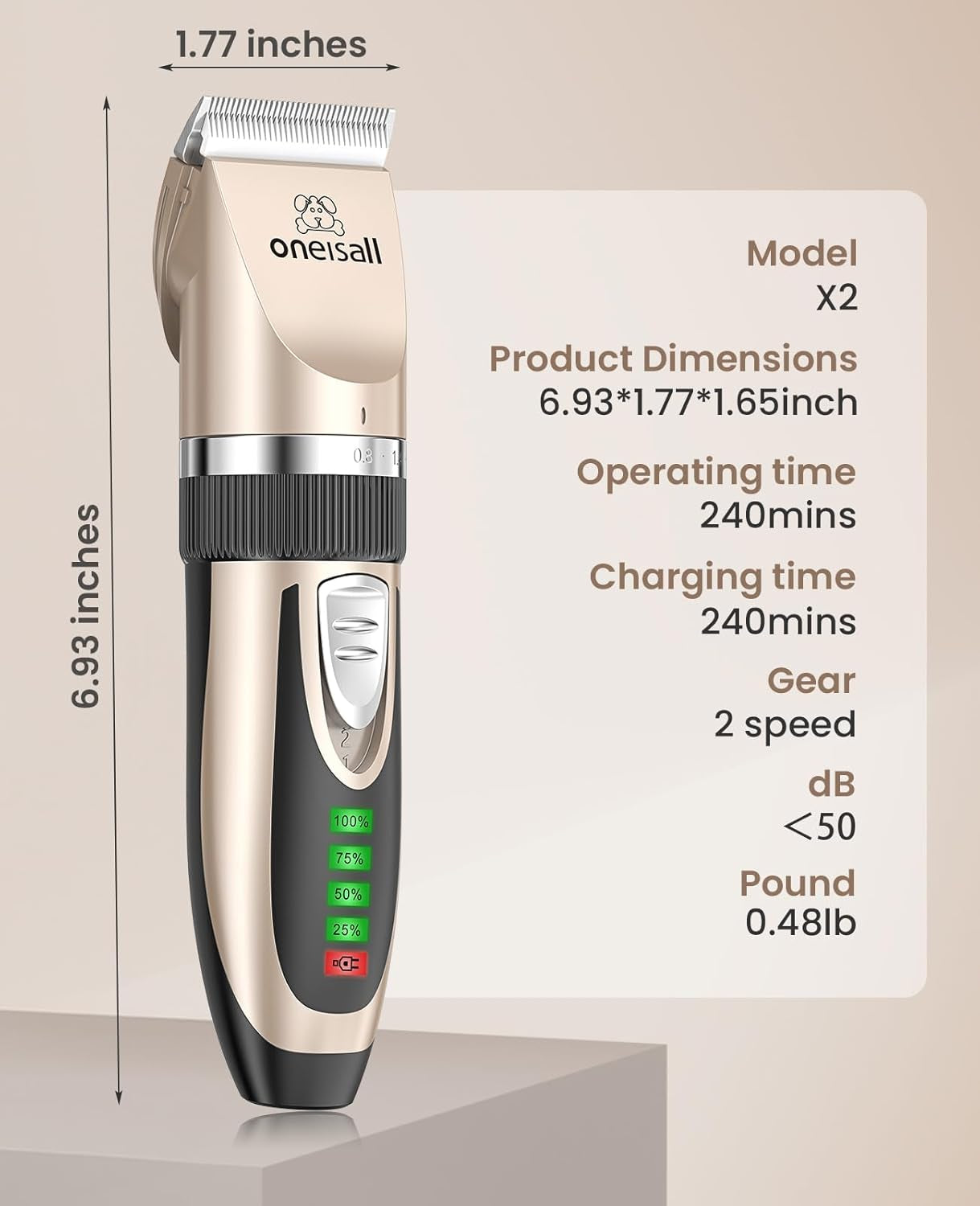 Oneisall Dog Clippers Low Noise, 2-Speed Quiet Dog Grooming Kit Rechargeable Cordless Pet Hair Clipper Trimmer Shaver for Small and Large Dogs Cats Animals (Gold)