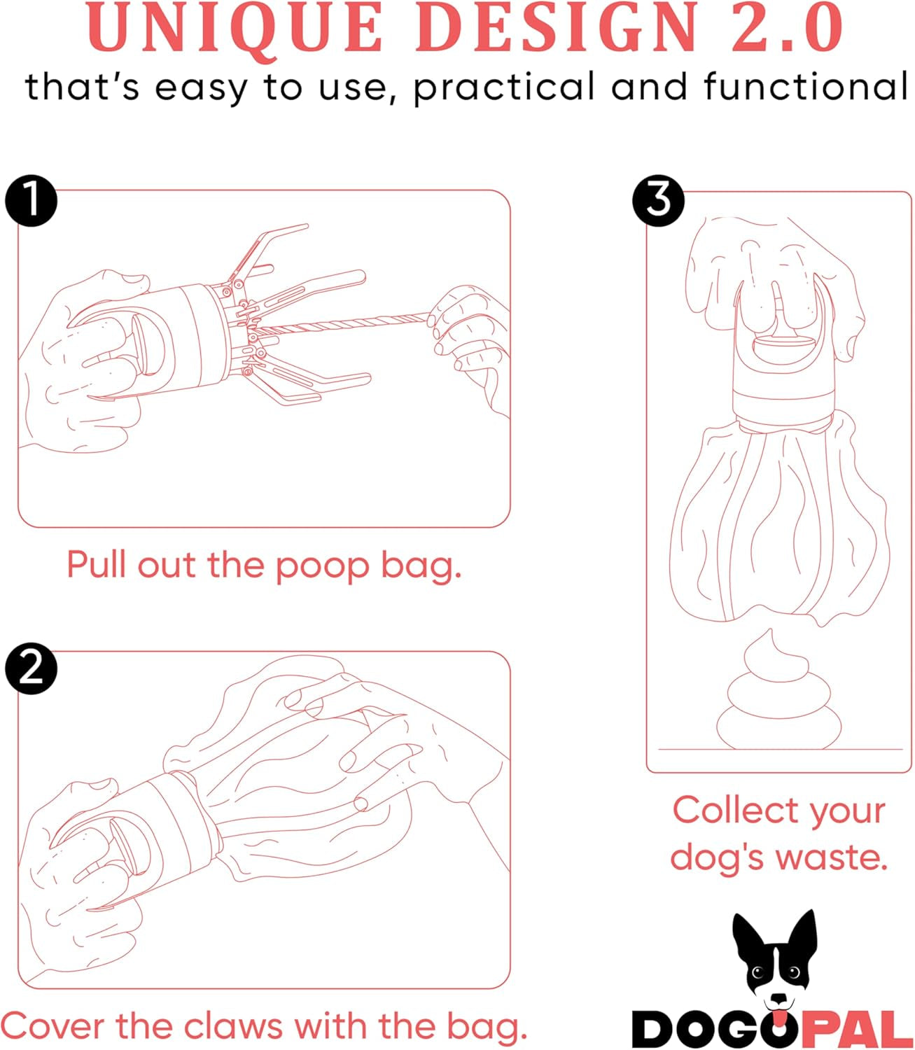 DOGOPAL 360 Portable Pooper Scooper with Bag Attachment & Dispenser – Lightweight Claw Poop Picker – Ideal for Small & Large Dogs – No-Touch, Hands-Free Waste Removal 2.0