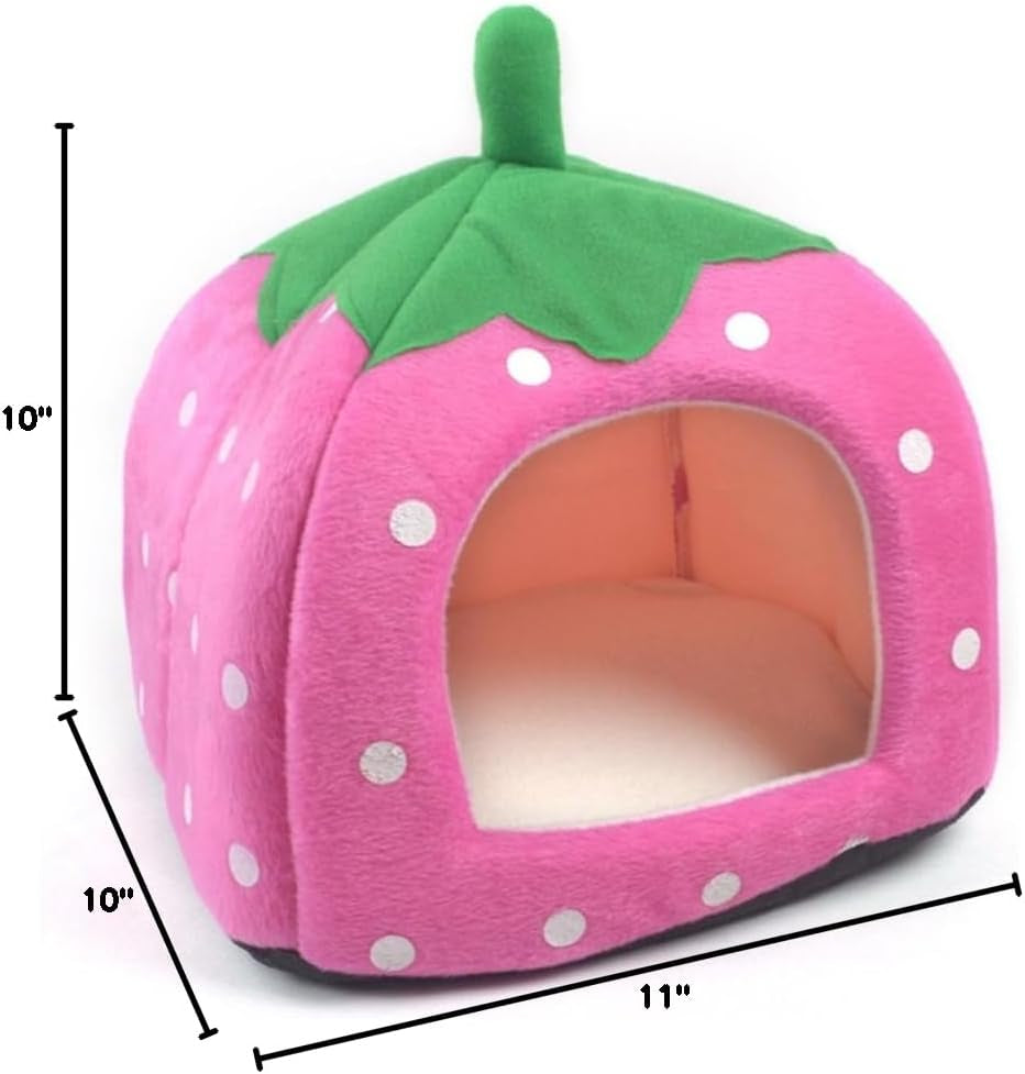 WOWOWMEOW Guinea Pig Bed Small Animals Strawberry Fleece Cage Bed Warm Cave Bed for Guinea Pigs, Rats, Rabbit, Chinchillas, Hedgehog, Squirrel and Other Small Animals (M, Pink)