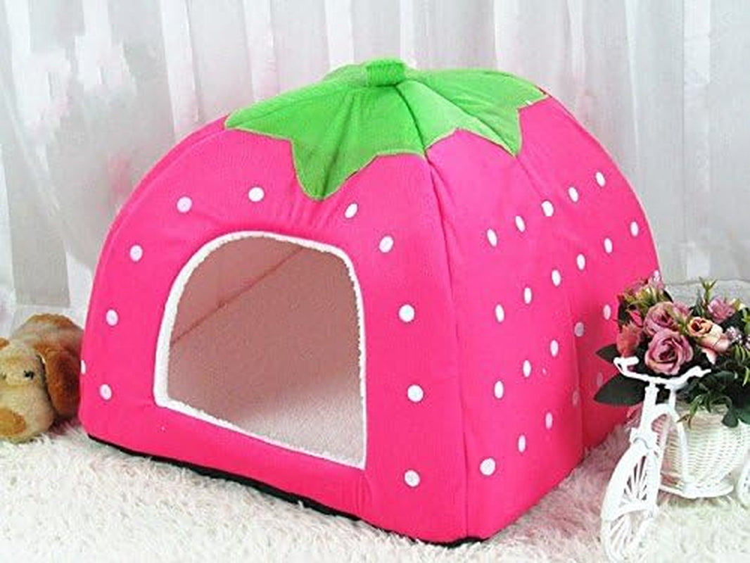 WOWOWMEOW Guinea Pig Bed Small Animals Strawberry Fleece Cage Bed Warm Cave Bed for Guinea Pigs, Rats, Rabbit, Chinchillas, Hedgehog, Squirrel and Other Small Animals (M, Pink)