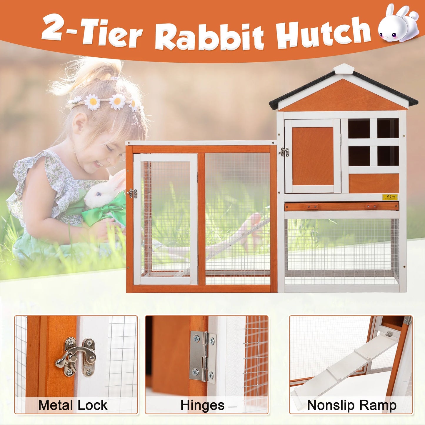 Outdoor Rabbit Hutch Large Pet House Wooden Habitat Small Animal Pet Poultry Cage, Gray