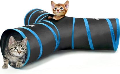 Pawaboo Cat Tunnel with Bell Balls, Upgraded 3 Way Cat Tunnel Interactive Toy, Pet Toy Maze Cat House Bed with Strong Spring-Steel Frame for Cat Kitten Kitty, Blue