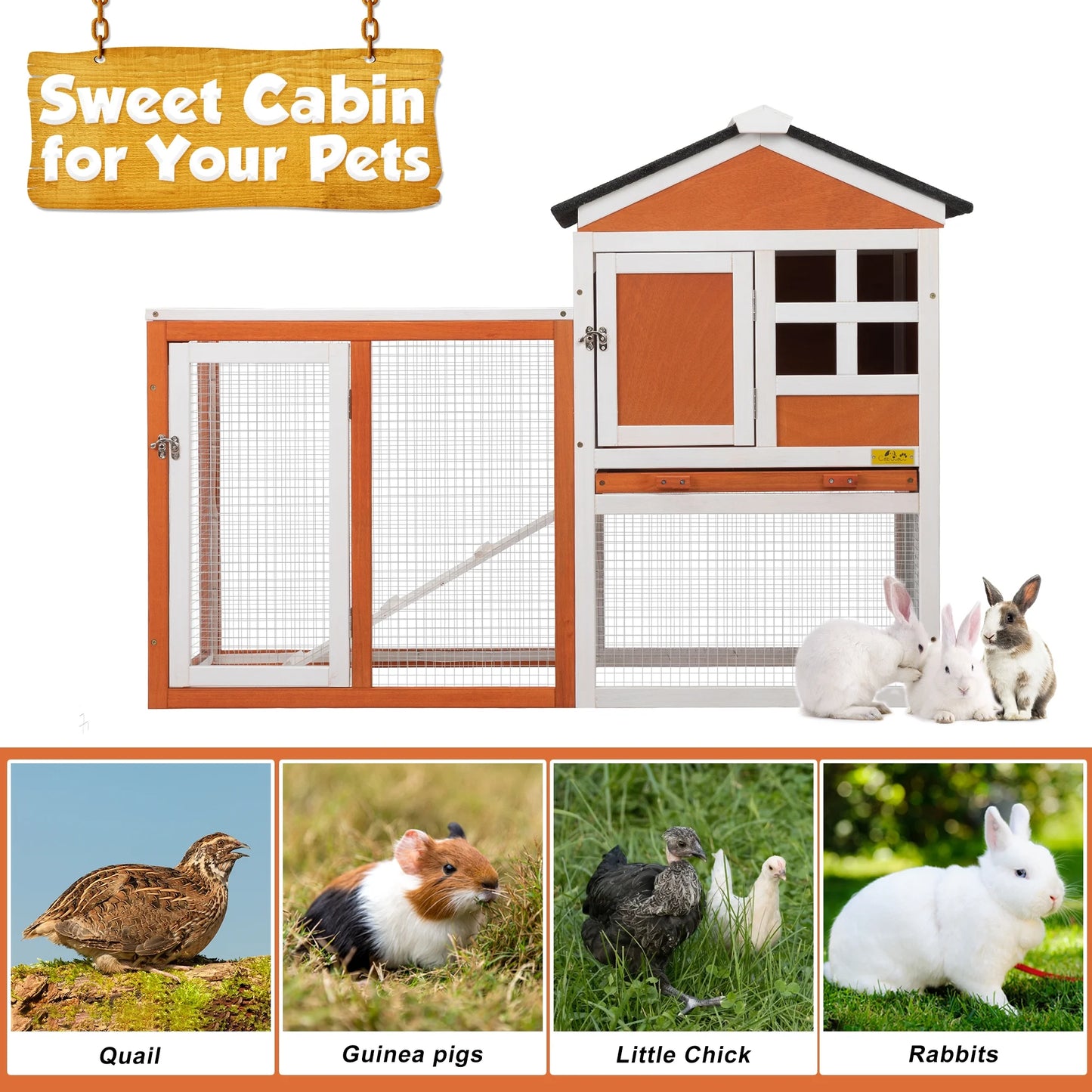 Outdoor Rabbit Hutch Large Pet House Wooden Habitat Small Animal Pet Poultry Cage, Gray