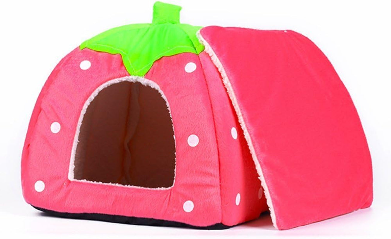 WOWOWMEOW Guinea Pig Bed Small Animals Strawberry Fleece Cage Bed Warm Cave Bed for Guinea Pigs, Rats, Rabbit, Chinchillas, Hedgehog, Squirrel and Other Small Animals (M, Pink)