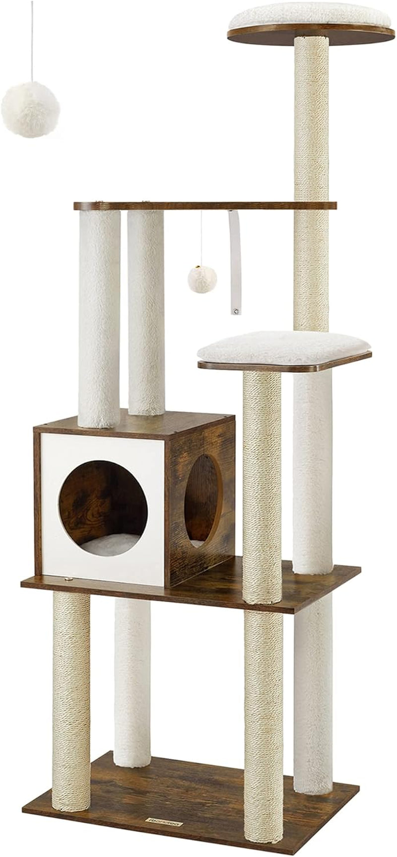 Feandrea Woodywonders Cat Tree, 65-Inch Modern Cat Tower for Indoor Cats, Multi-Level Cat Condo with 5 Scratching Posts, Perch, Washable Removable Cushions, Cat Furniture, Rustic Brown UPCT166X01