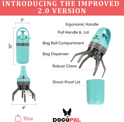 DOGOPAL 360 Portable Pooper Scooper with Bag Attachment & Dispenser – Lightweight Claw Poop Picker – Ideal for Small & Large Dogs – No-Touch, Hands-Free Waste Removal 2.0