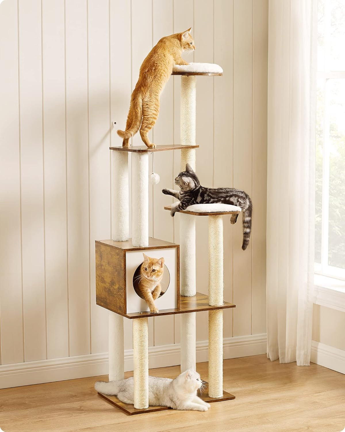 Feandrea Woodywonders Cat Tree, 65-Inch Modern Cat Tower for Indoor Cats, Multi-Level Cat Condo with 5 Scratching Posts, Perch, Washable Removable Cushions, Cat Furniture, Rustic Brown UPCT166X01