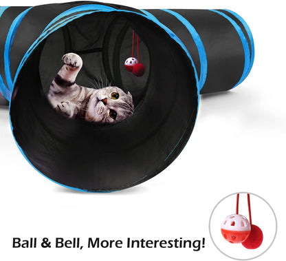 Pawaboo Cat Tunnel with Bell Balls, Upgraded 3 Way Cat Tunnel Interactive Toy, Pet Toy Maze Cat House Bed with Strong Spring-Steel Frame for Cat Kitten Kitty, Blue