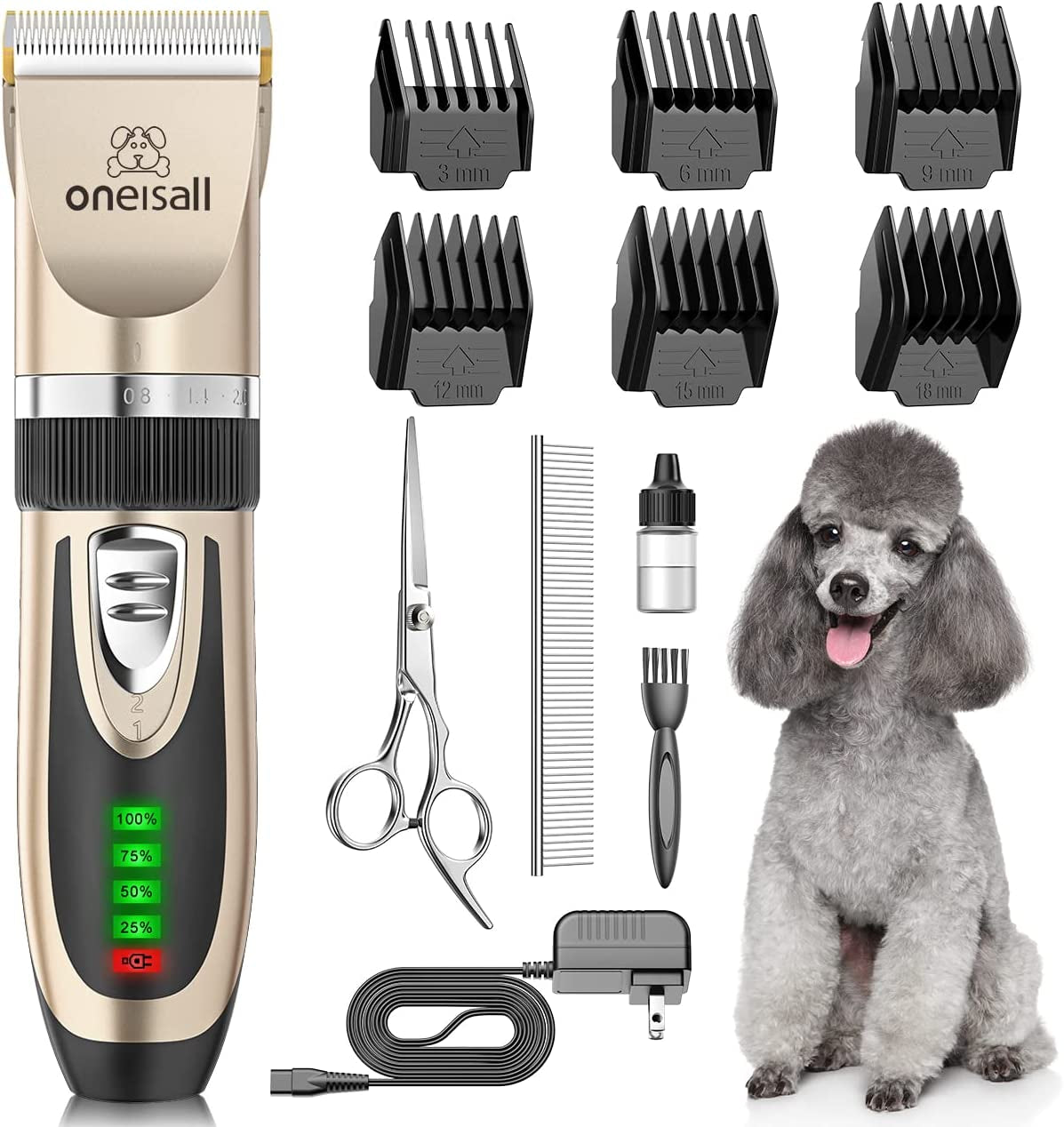 Oneisall Dog Clippers Low Noise, 2-Speed Quiet Dog Grooming Kit Rechargeable Cordless Pet Hair Clipper Trimmer Shaver for Small and Large Dogs Cats Animals (Gold)