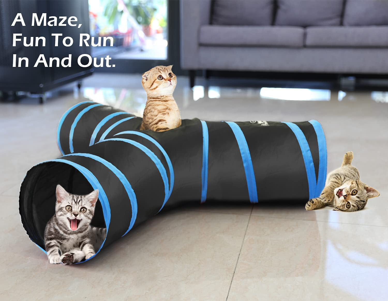 Pawaboo Cat Tunnel with Bell Balls, Upgraded 3 Way Cat Tunnel Interactive Toy, Pet Toy Maze Cat House Bed with Strong Spring-Steel Frame for Cat Kitten Kitty, Blue