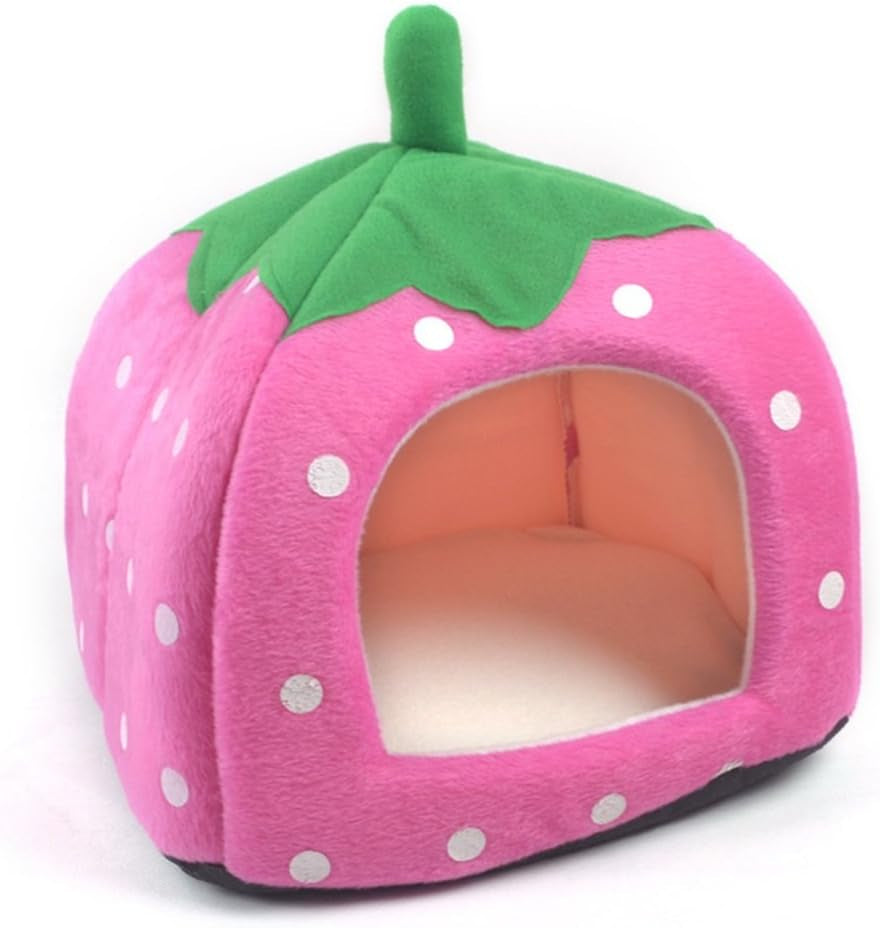 WOWOWMEOW Guinea Pig Bed Small Animals Strawberry Fleece Cage Bed Warm Cave Bed for Guinea Pigs, Rats, Rabbit, Chinchillas, Hedgehog, Squirrel and Other Small Animals (M, Pink)